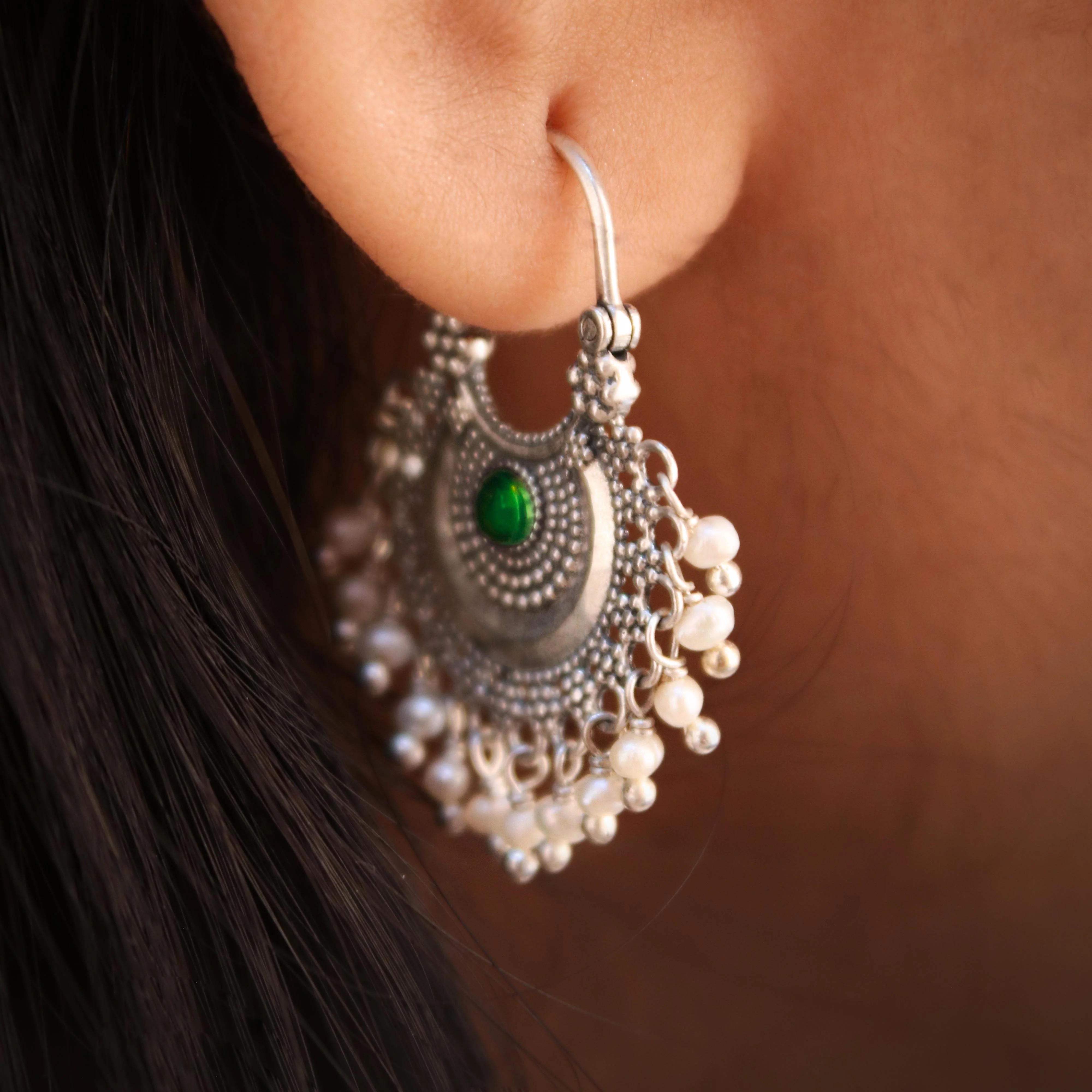 Chandbali Silver Bugadi/ Earrings (Pair, Blue & Green) By Moha - Image 4