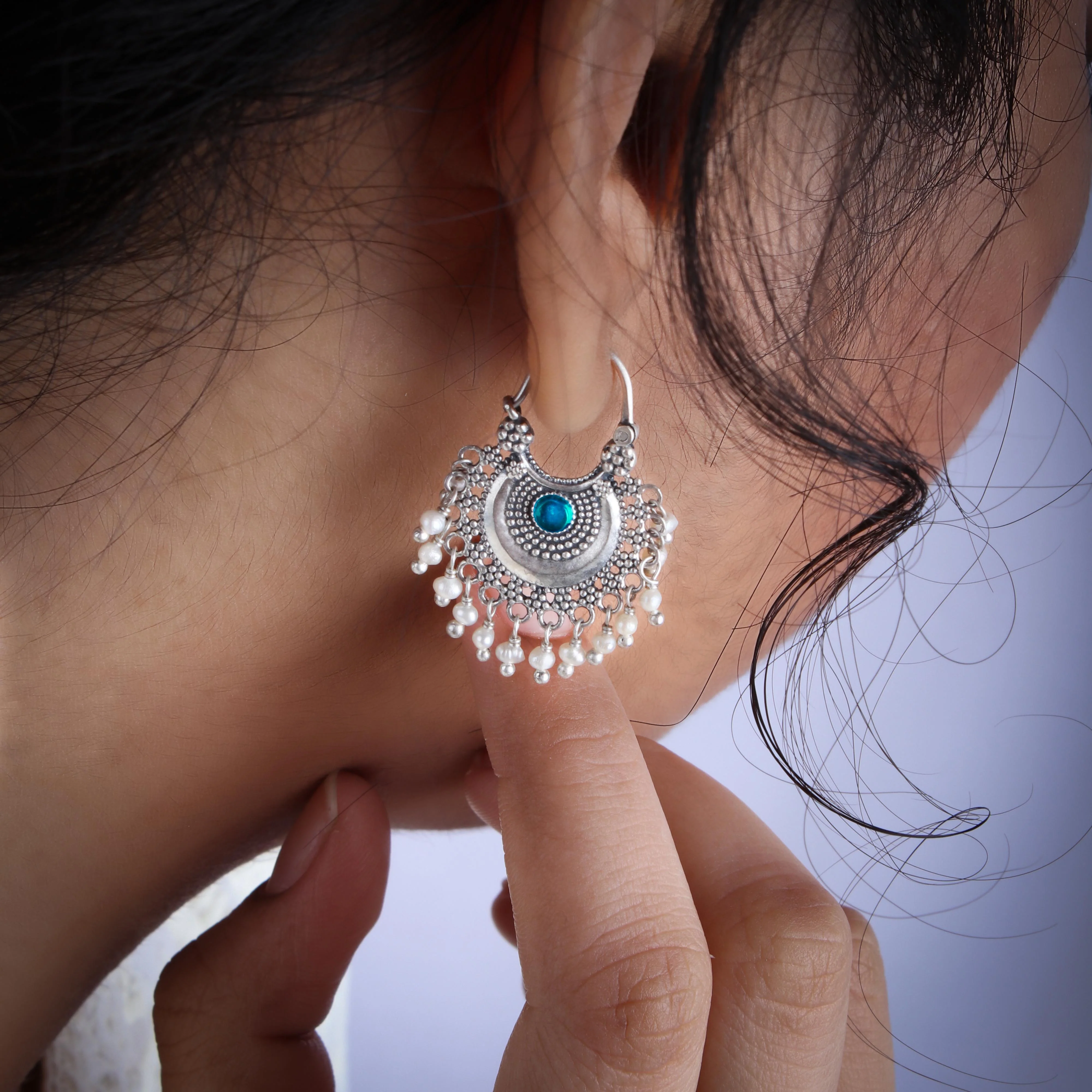 Chandbali Silver Bugadi/ Earrings (Pair, Blue & Green) By Moha - Image 5