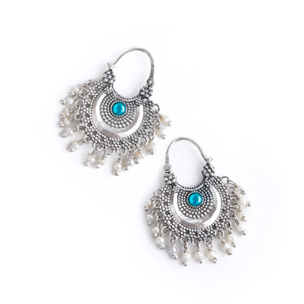 Chandbali Silver Bugadi/ Earrings (Pair, Blue & Green) By Moha - Image 6