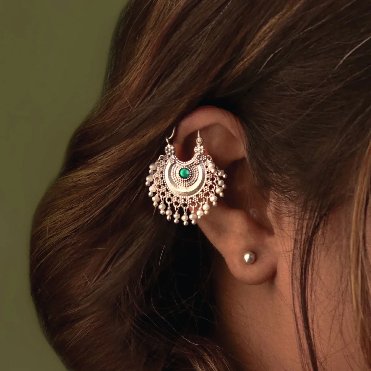 Chandbali Silver Bugadi Pierced (Single, Blue & Green) By Moha - Image 3