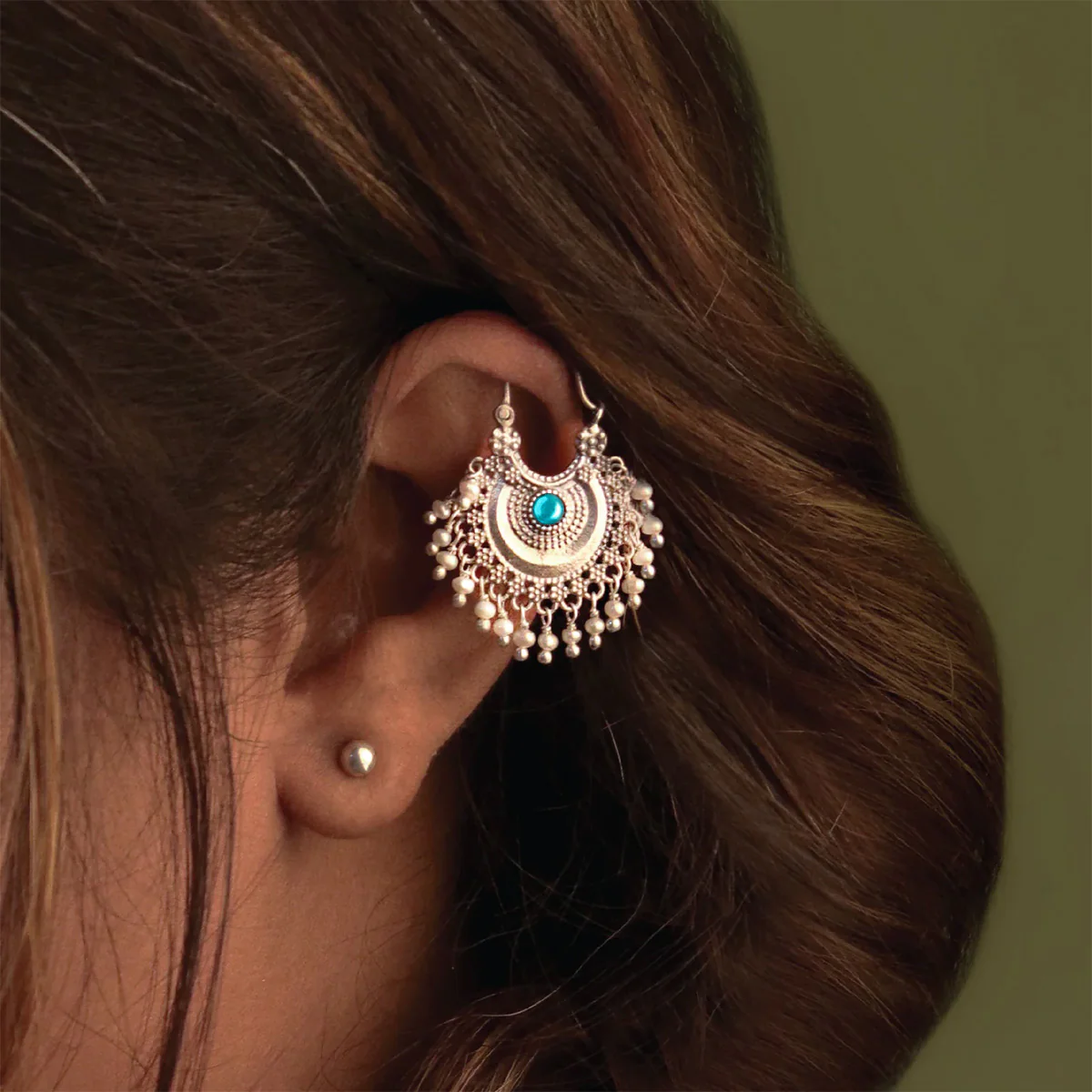 Chandbali Silver Bugadi Pierced (Single, Blue & Green) By Moha - Image 4
