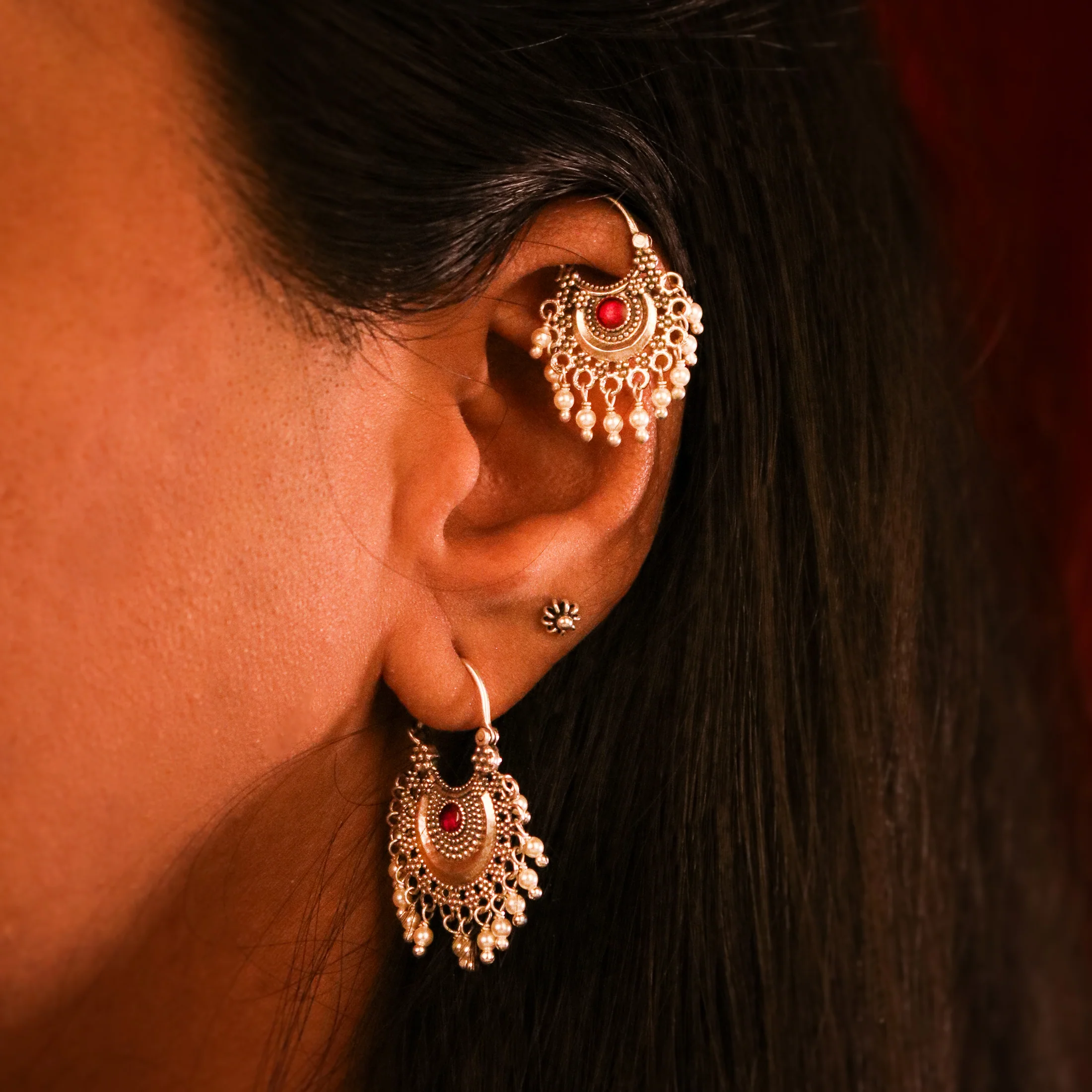 Chandbali (Small) Silver Bugadi/Earrings Pierced,(Pink & Green) By Moha - Image 3