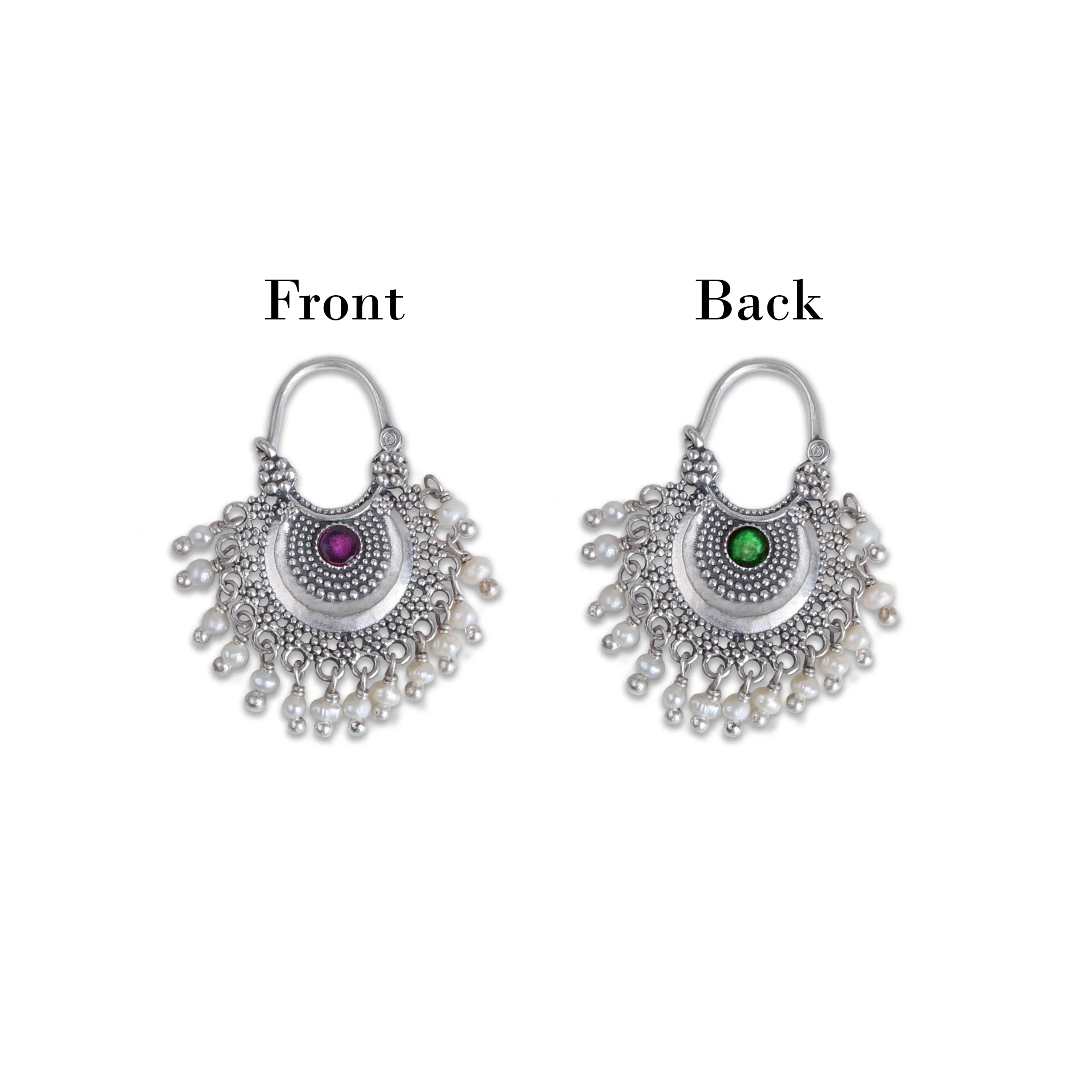 Chandbali (Small) Silver Bugadi/Earrings Pierced,(Pink & Green) By Moha - Image 4
