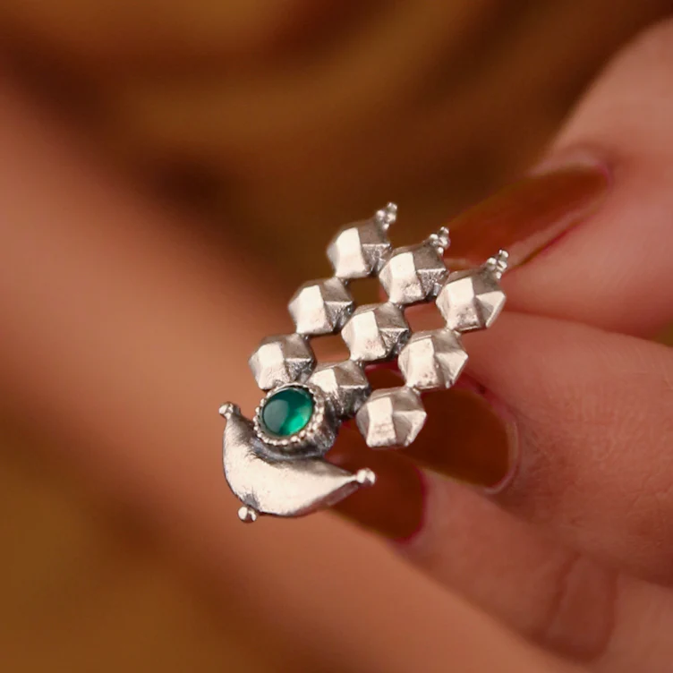 Diya Silver Stud Earrings by MOHA (GREEN) - Image 2