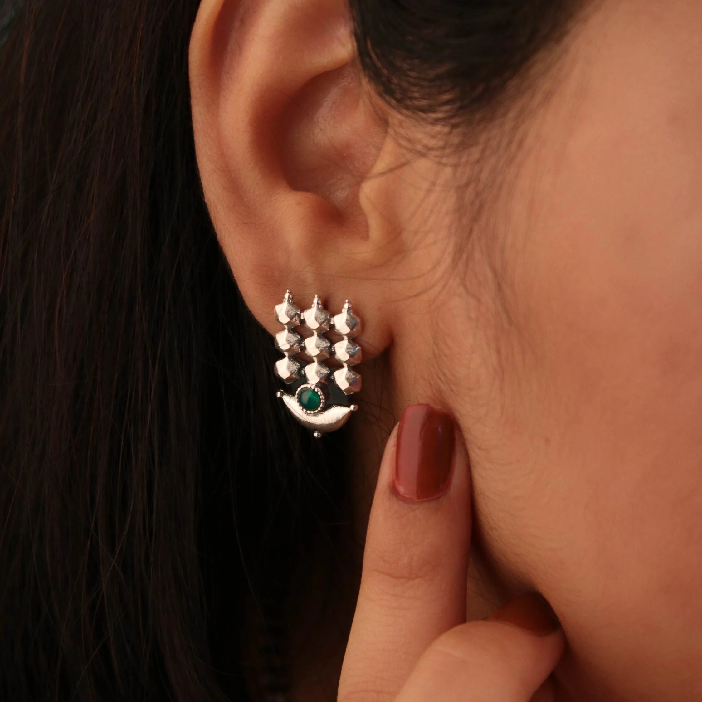 Diya Silver Stud Earrings by MOHA (GREEN) - Image 3