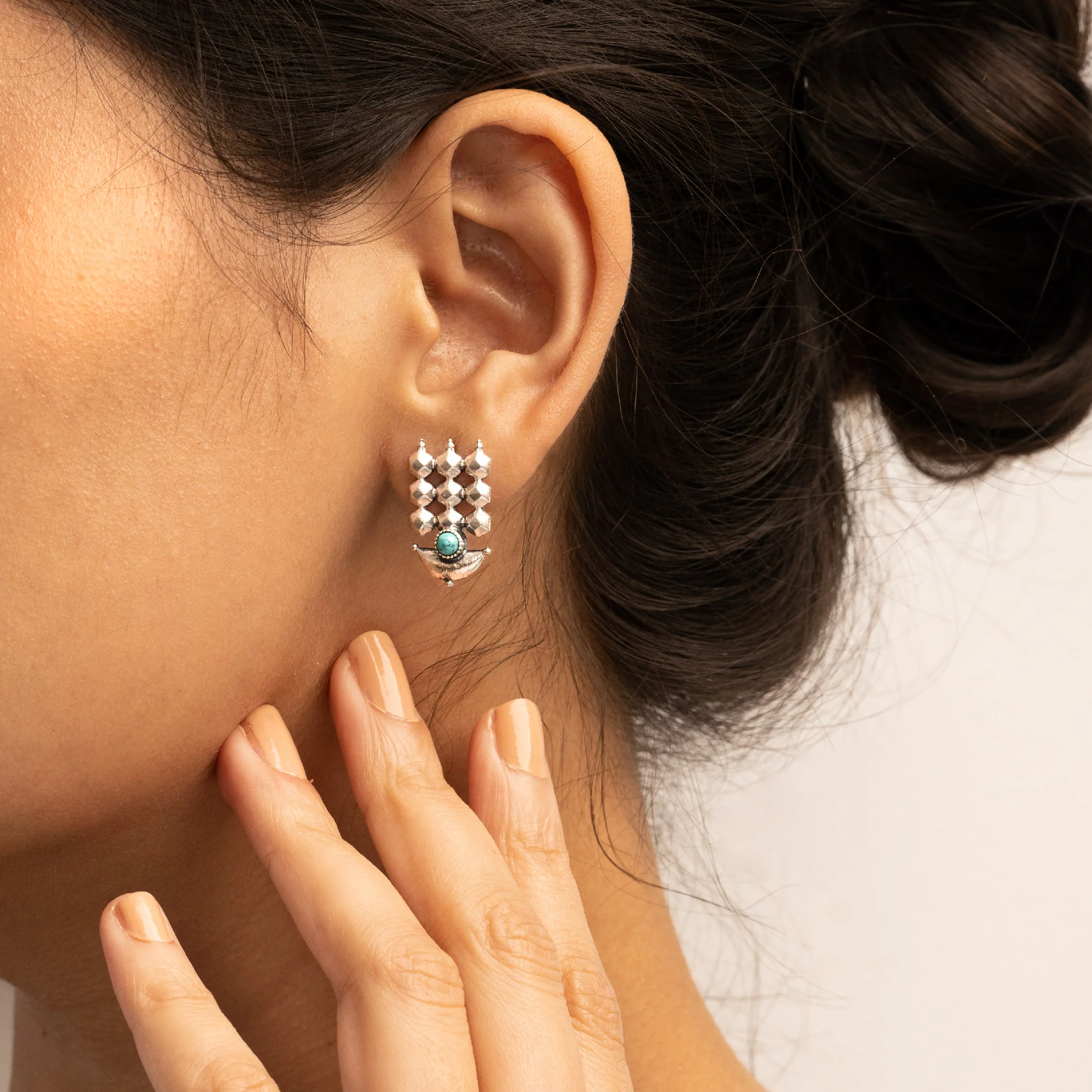 Diya Silver Stud Earrings by MOHA (Turquoise) - Image 3