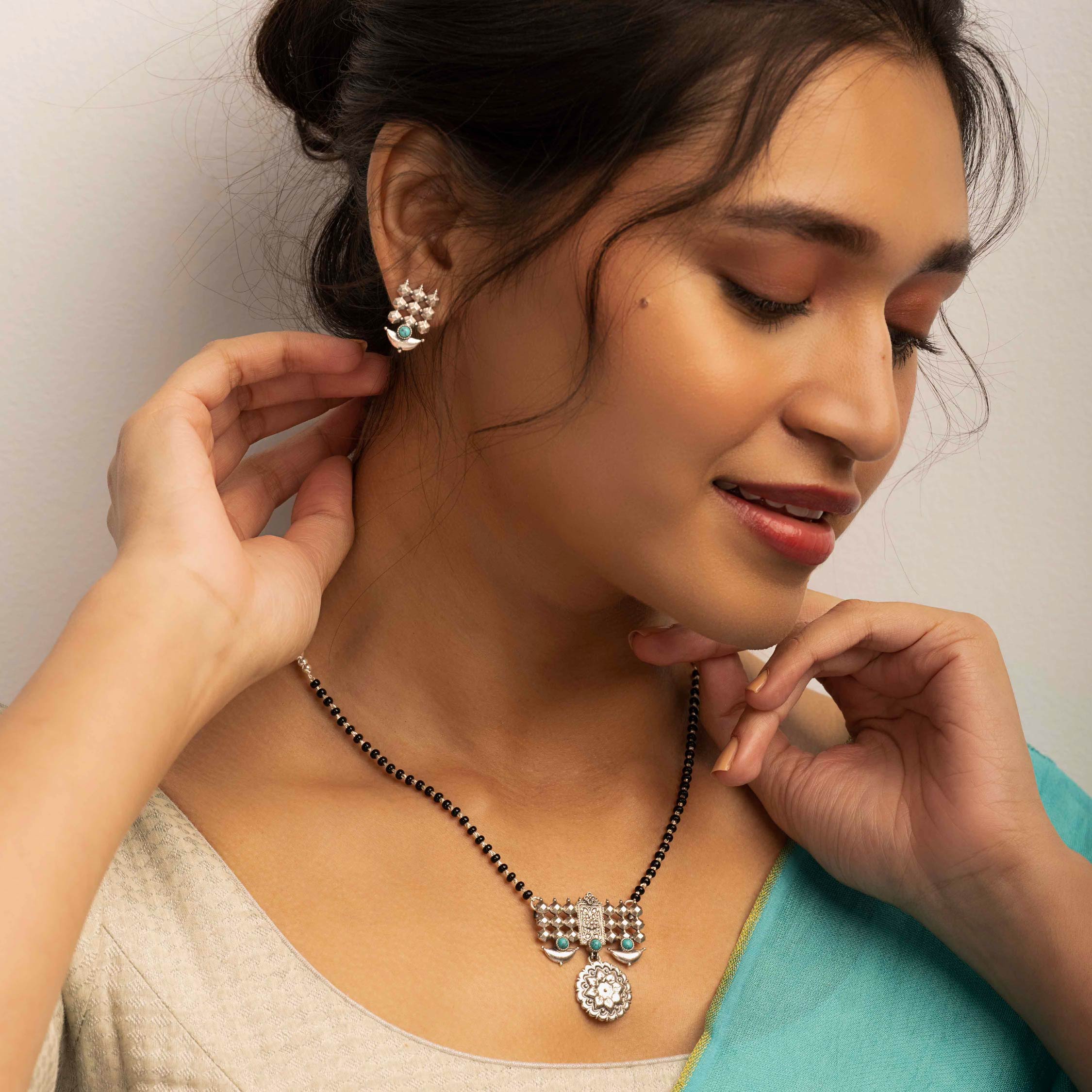 Diya Silver Stud Earrings by MOHA (Turquoise) - Image 4