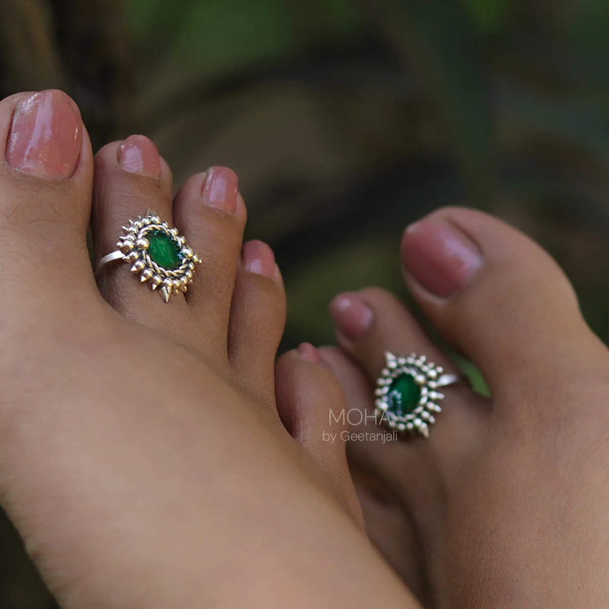 Green Meena Silver Toe Rings by MOHA - Image 4