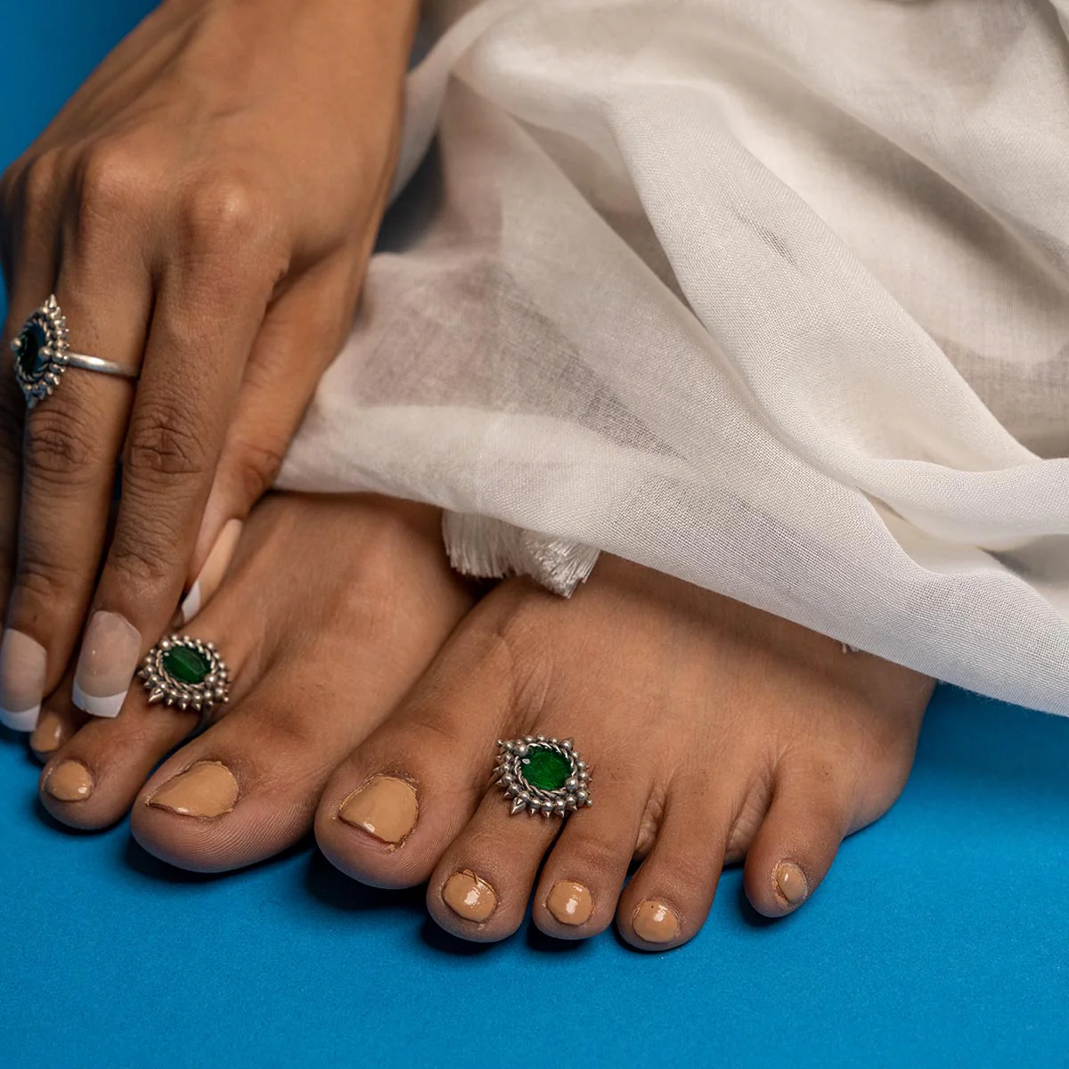 Green Meena Silver Toe Rings by MOHA - Image 6