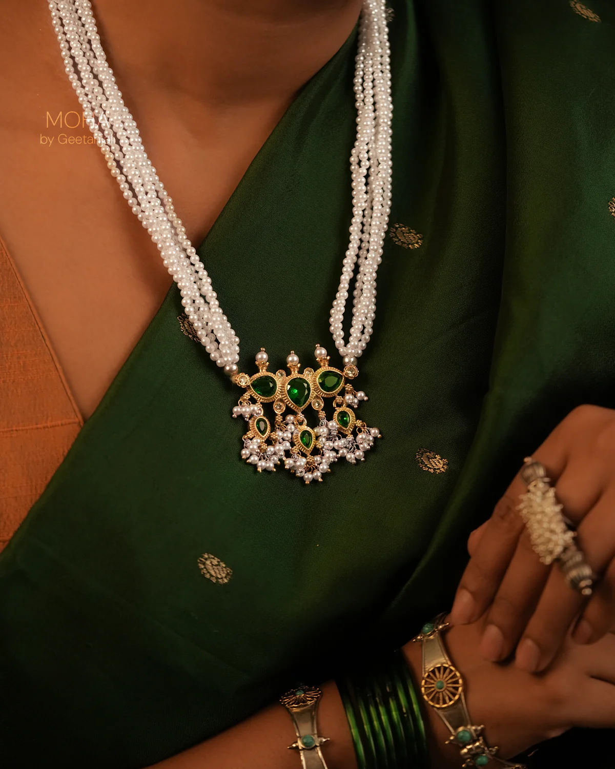 Maharashtrian Tanmani Silver Necklace (Green) Gold Plated by Moha - Image 7