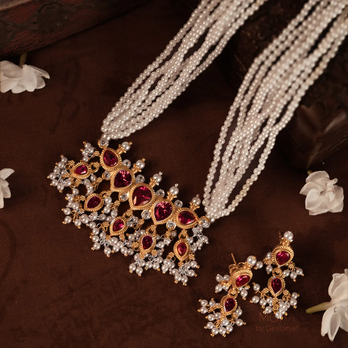 Maharashtrian Tanmani Silver Necklace (Pink) Gold Plated by MOHA - Image 2