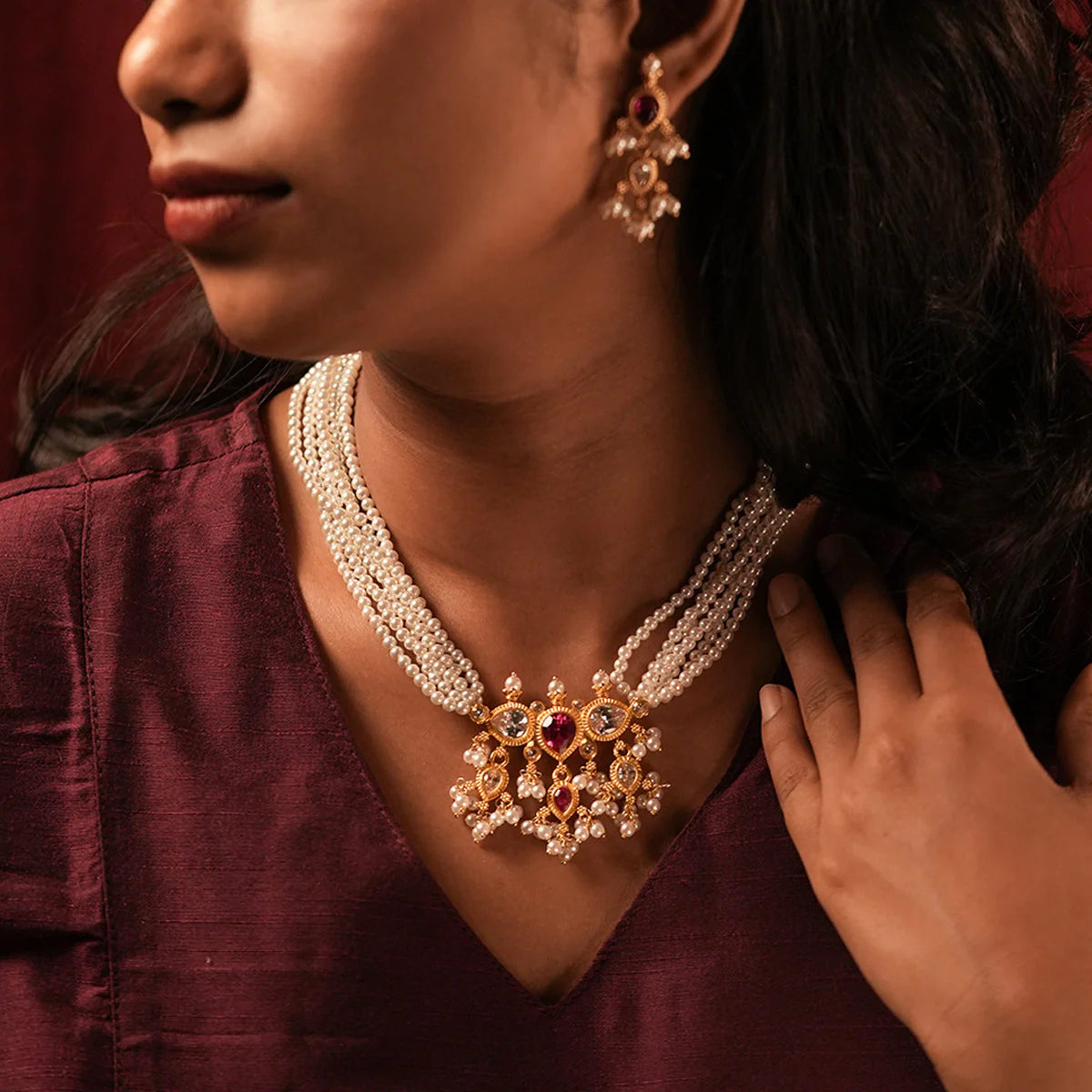 Maharashtrian Tanmani Silver Necklace (Pink & White stones) Gold Plated by Moha - Image 2