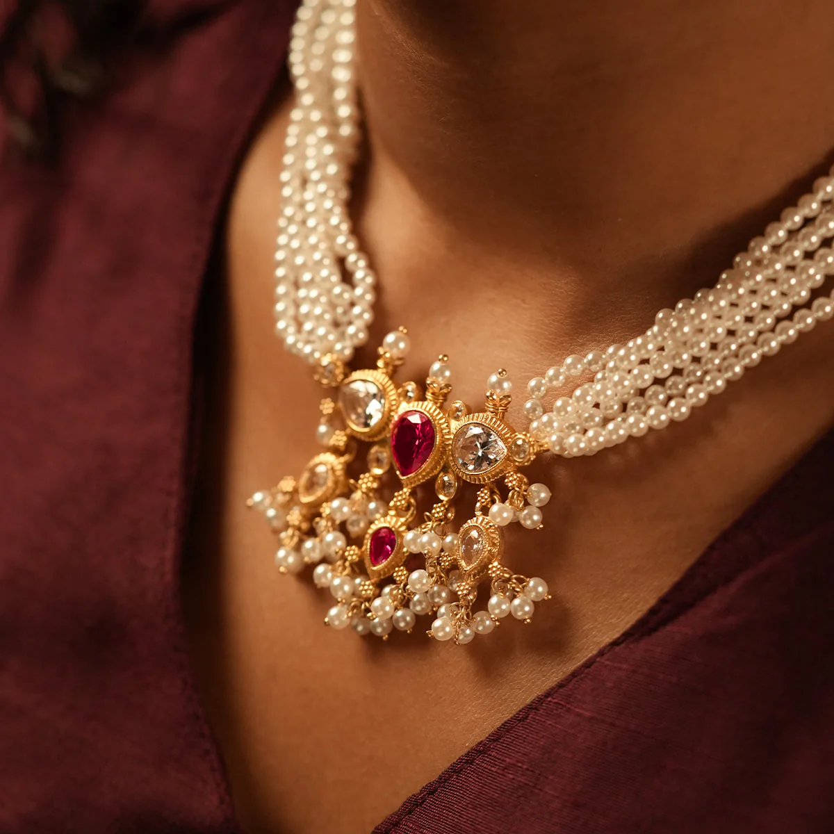 Maharashtrian Tanmani Silver Necklace (Pink & White stones) Gold Plated by Moha - Image 3