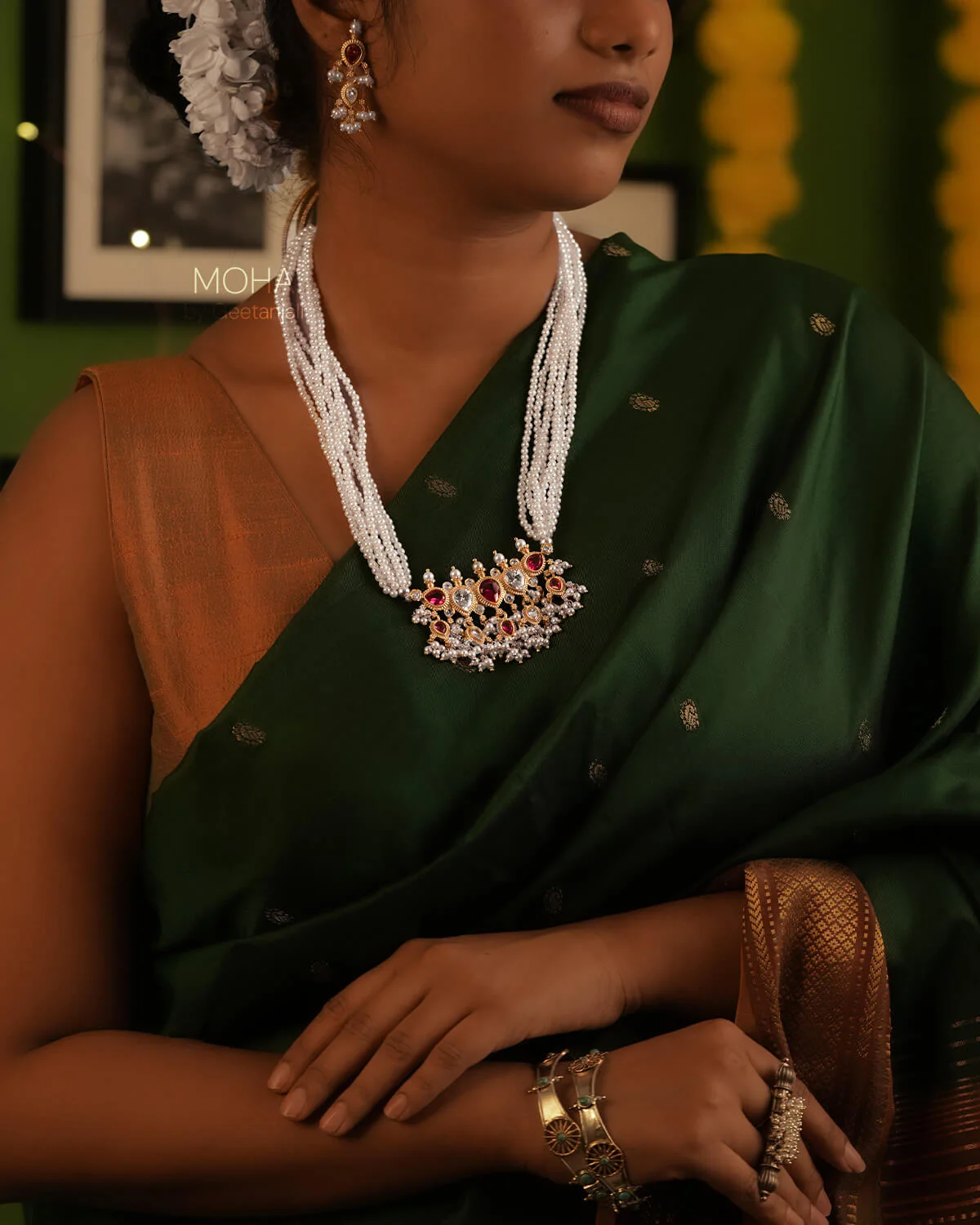 Maharashtrian Tanmani Silver Necklace (Pink & White) Gold Plated by Moha - Image 4