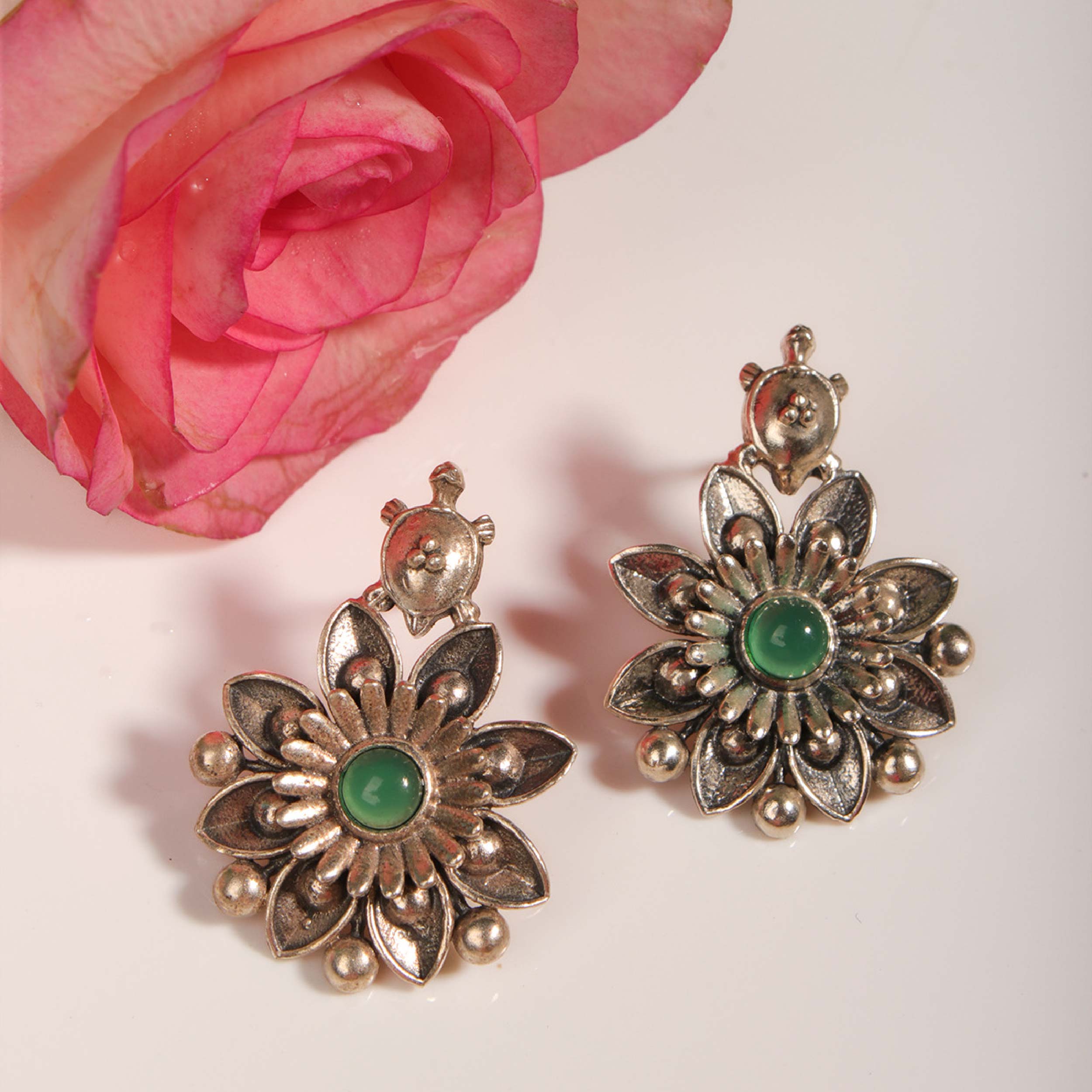 Mallika Kurma Silver Stud With Green Stone Earrings by MOHA - Image 4