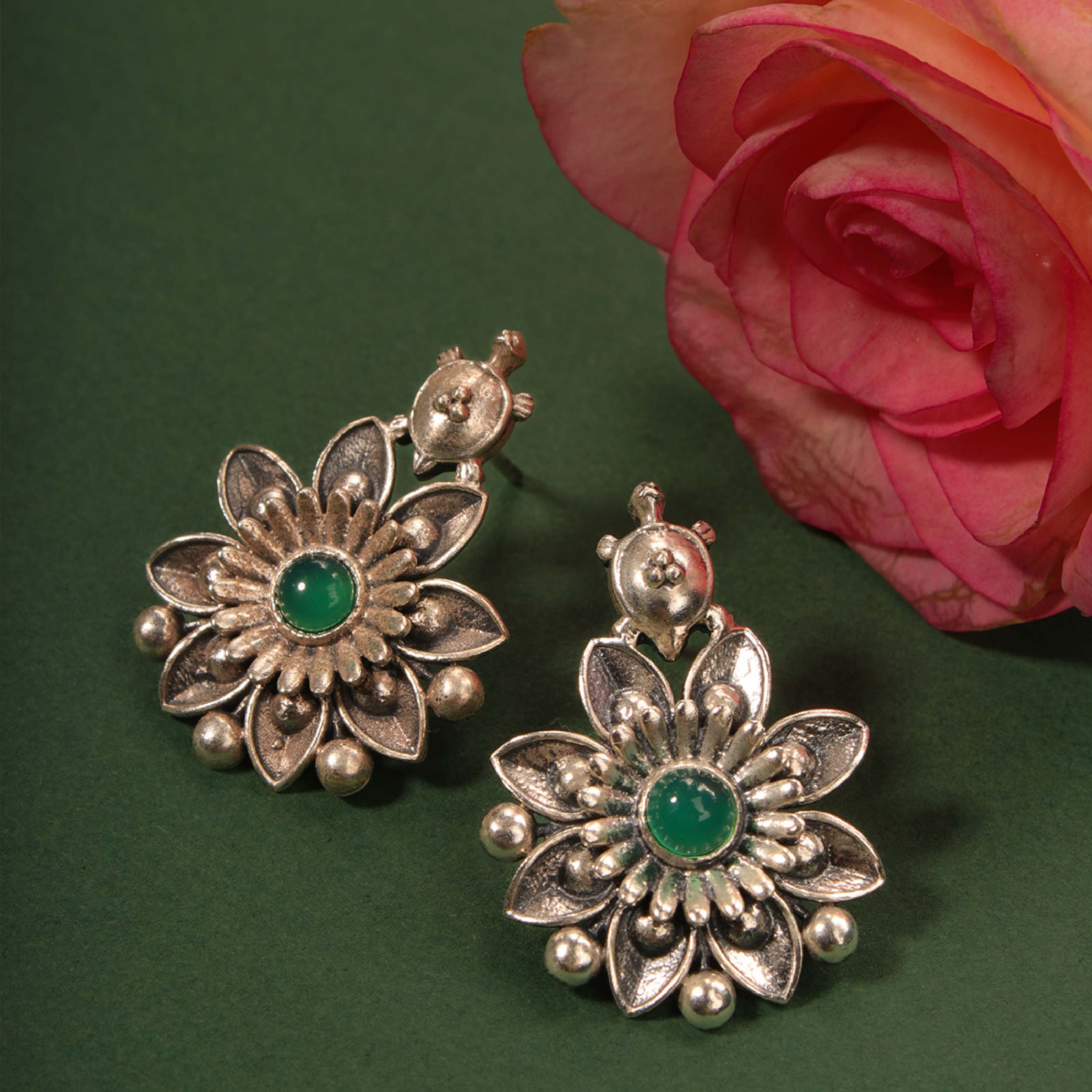 Mallika Kurma Silver Stud With Green Stone Earrings by MOHA - Image 5