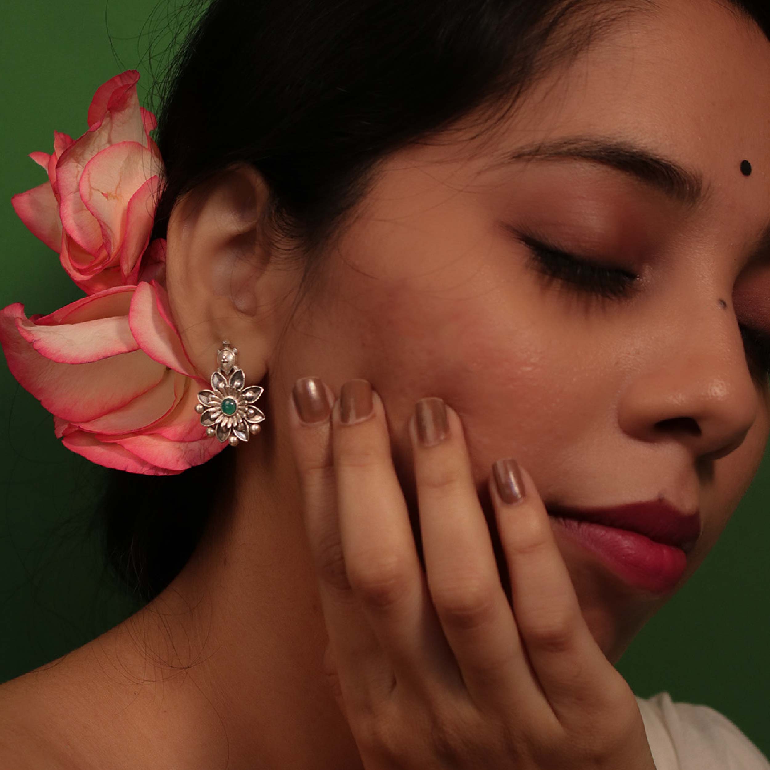 Mallika Kurma Silver Stud With Green Stone Earrings by MOHA - Image 6