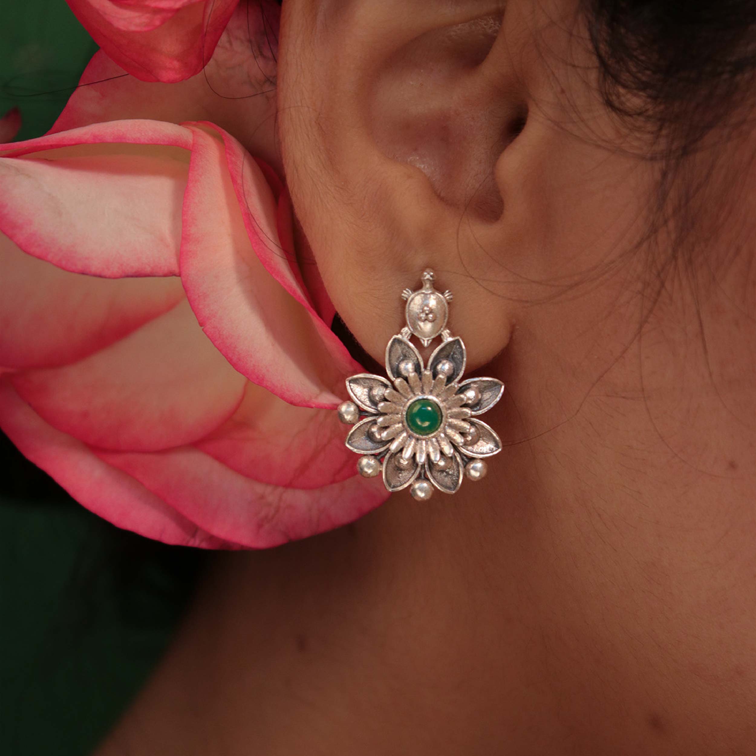 Mallika Kurma Silver Stud With Green Stone Earrings by MOHA - Image 7