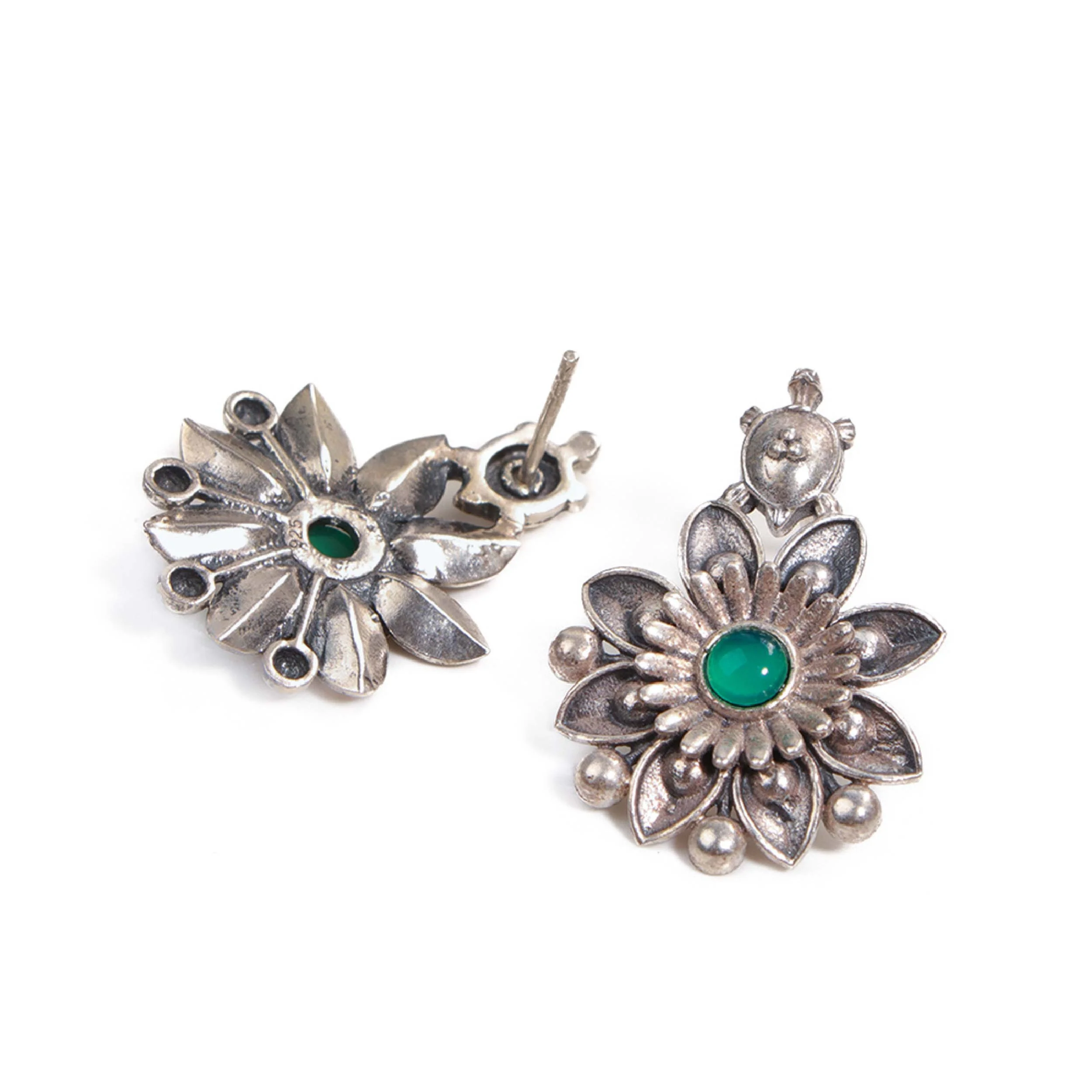 Mallika Kurma Silver Stud With Green Stone Earrings by MOHA - Image 8