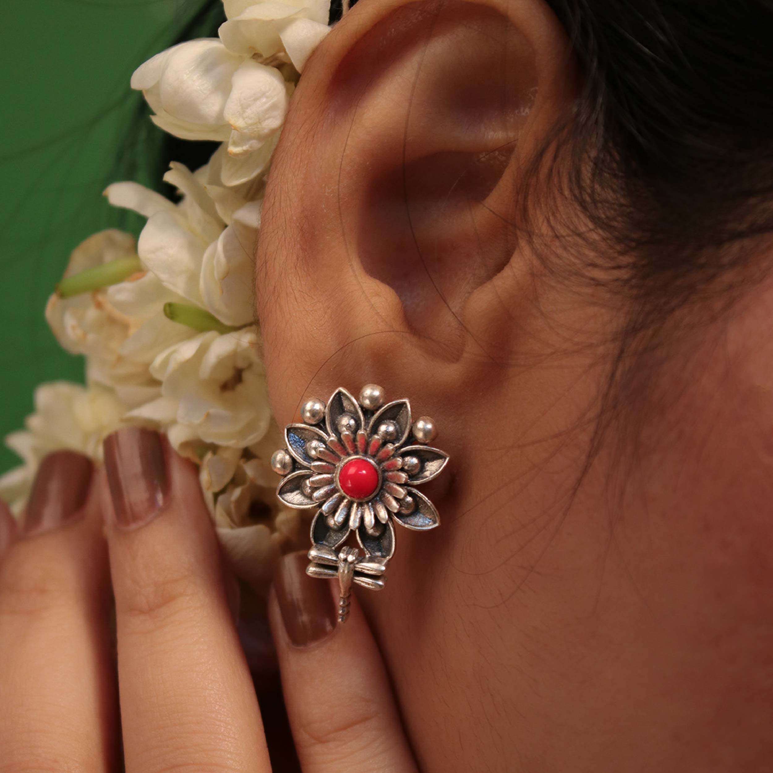Mallika Queenfly Silver Stud With Red Stone Earrings by MOHA - Image 3