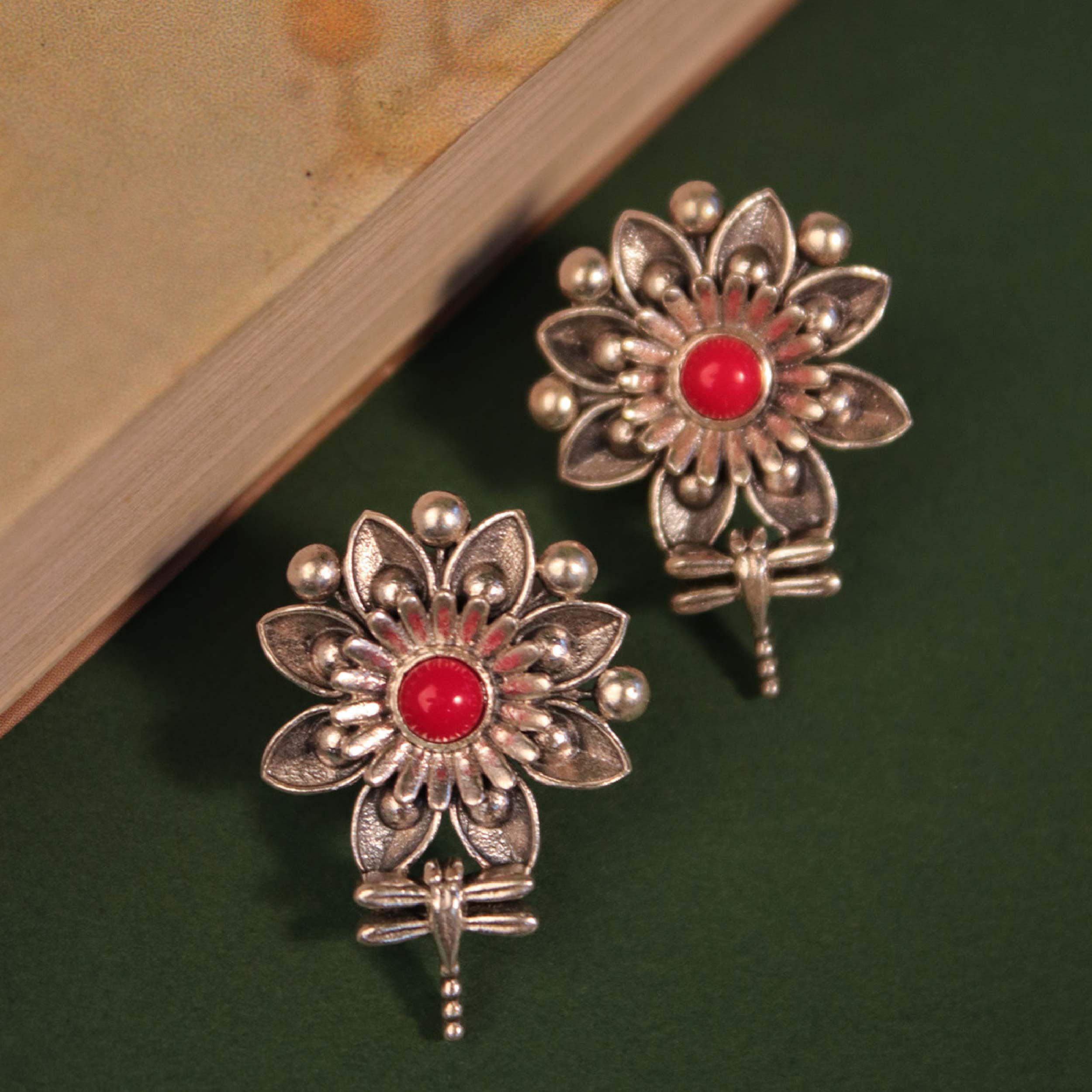 Mallika Queenfly Silver Stud With Red Stone Earrings by MOHA - Image 4