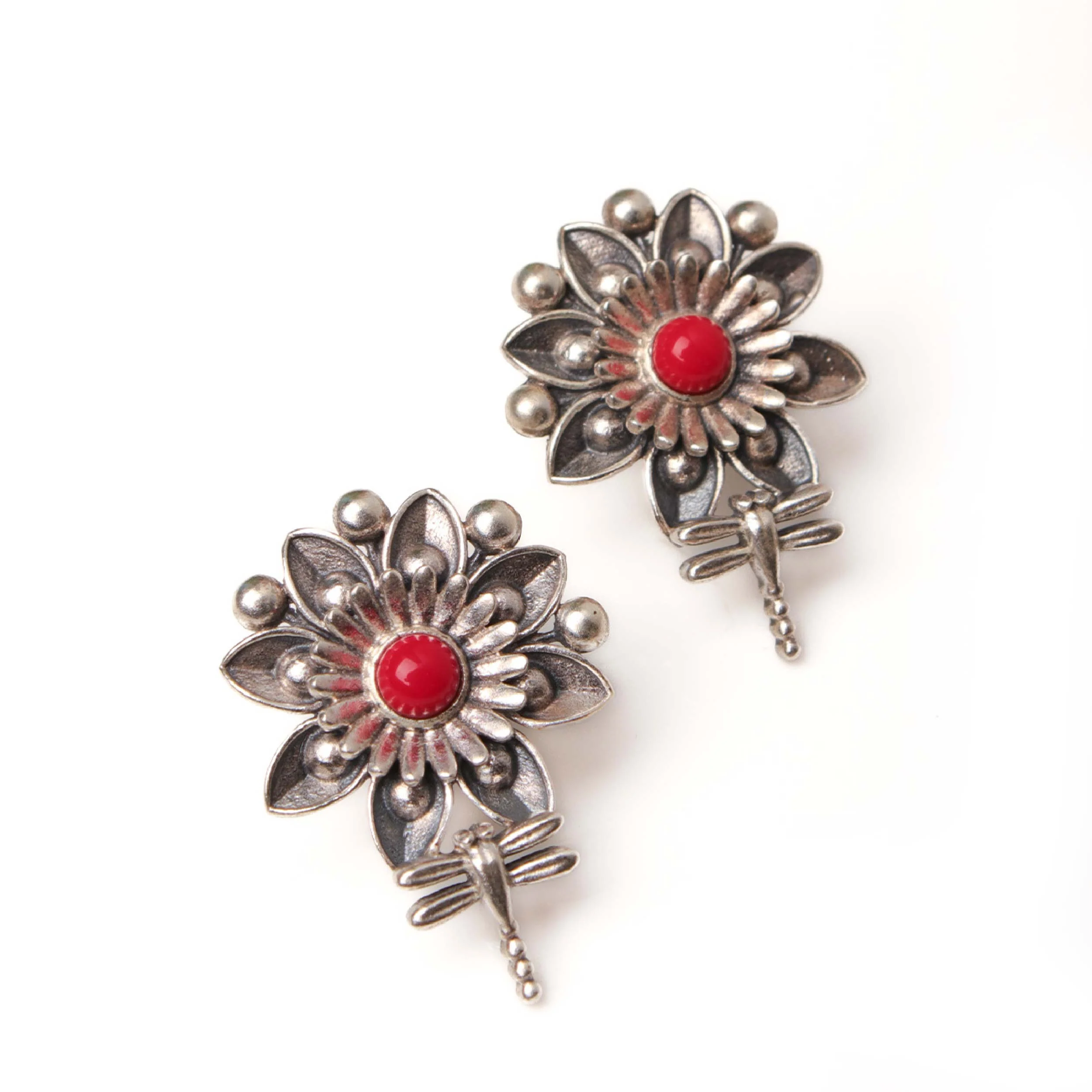 Mallika Queenfly Silver Stud With Red Stone Earrings by MOHA - Image 5