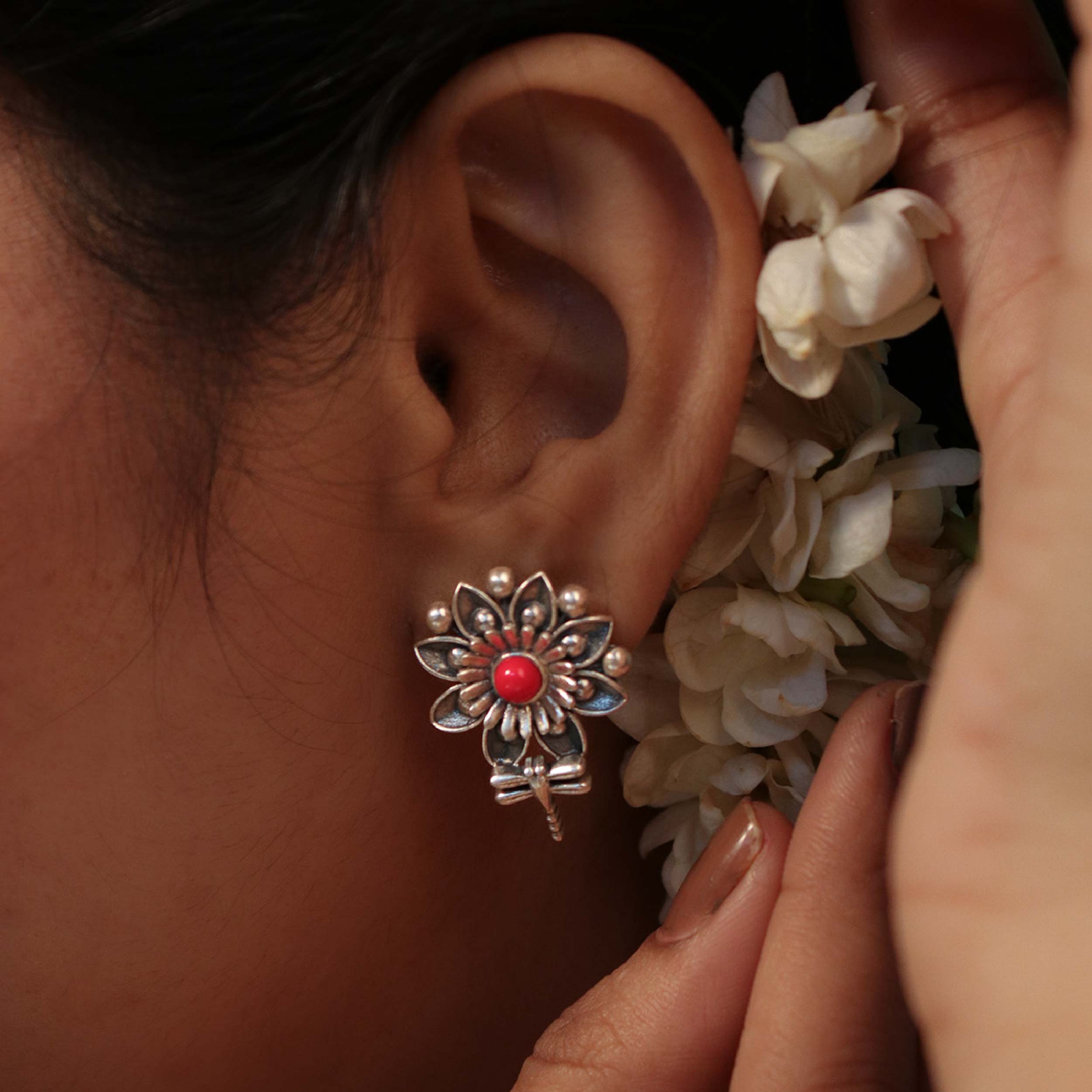 Mallika Queenfly Silver Stud With Red Stone Earrings by MOHA - Image 6