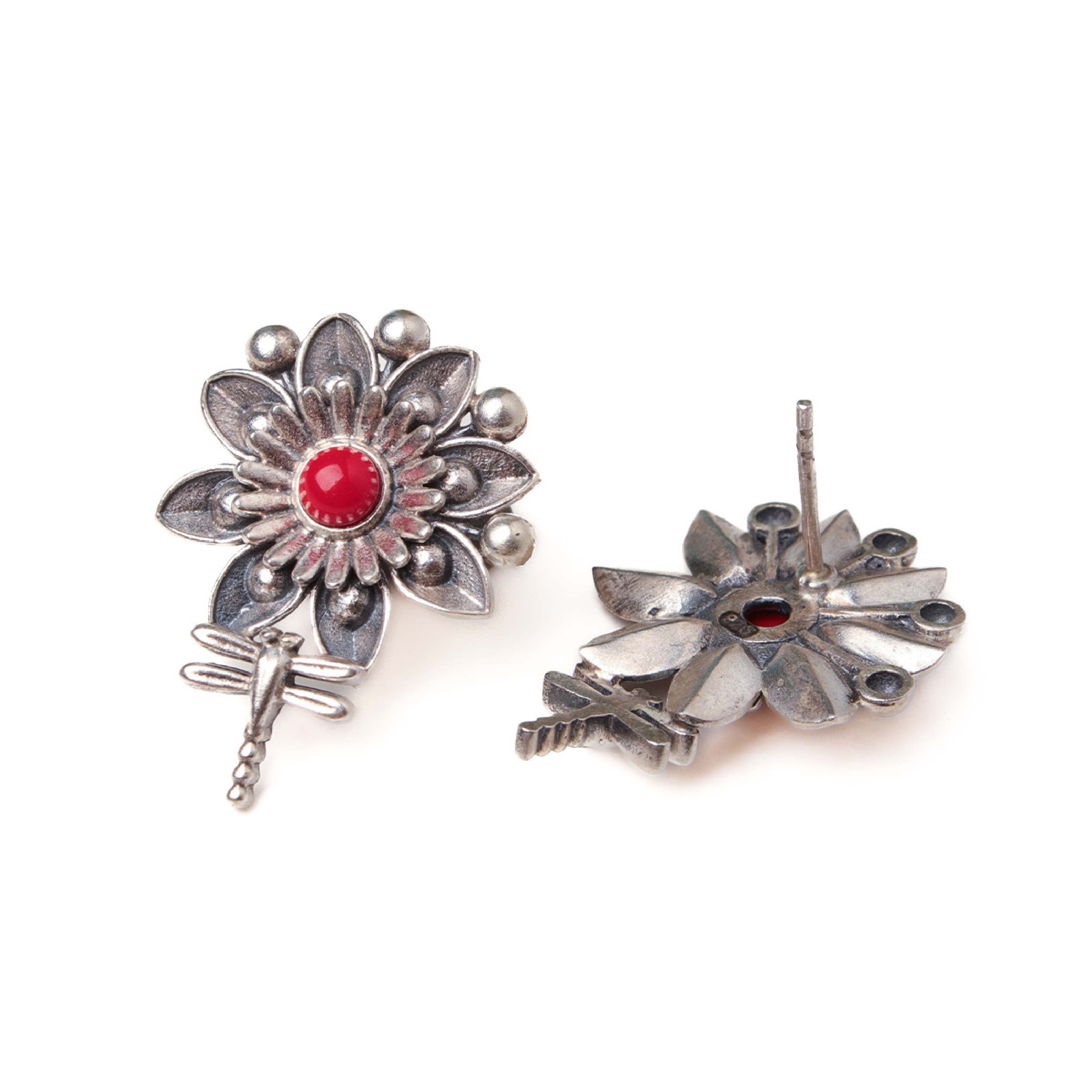 Mallika Queenfly Silver Stud With Red Stone Earrings by MOHA - Image 7
