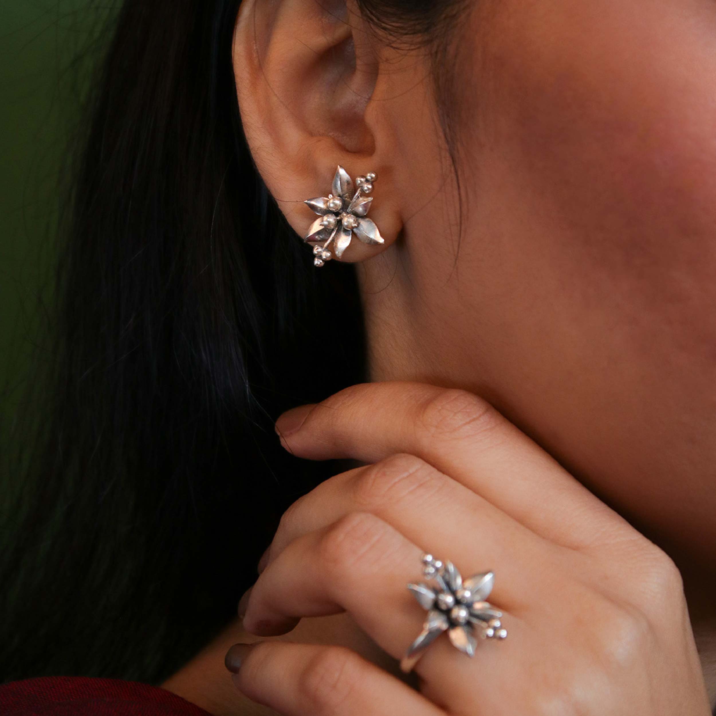Nargis Silver Stud Earrings by MOHA - Image 3