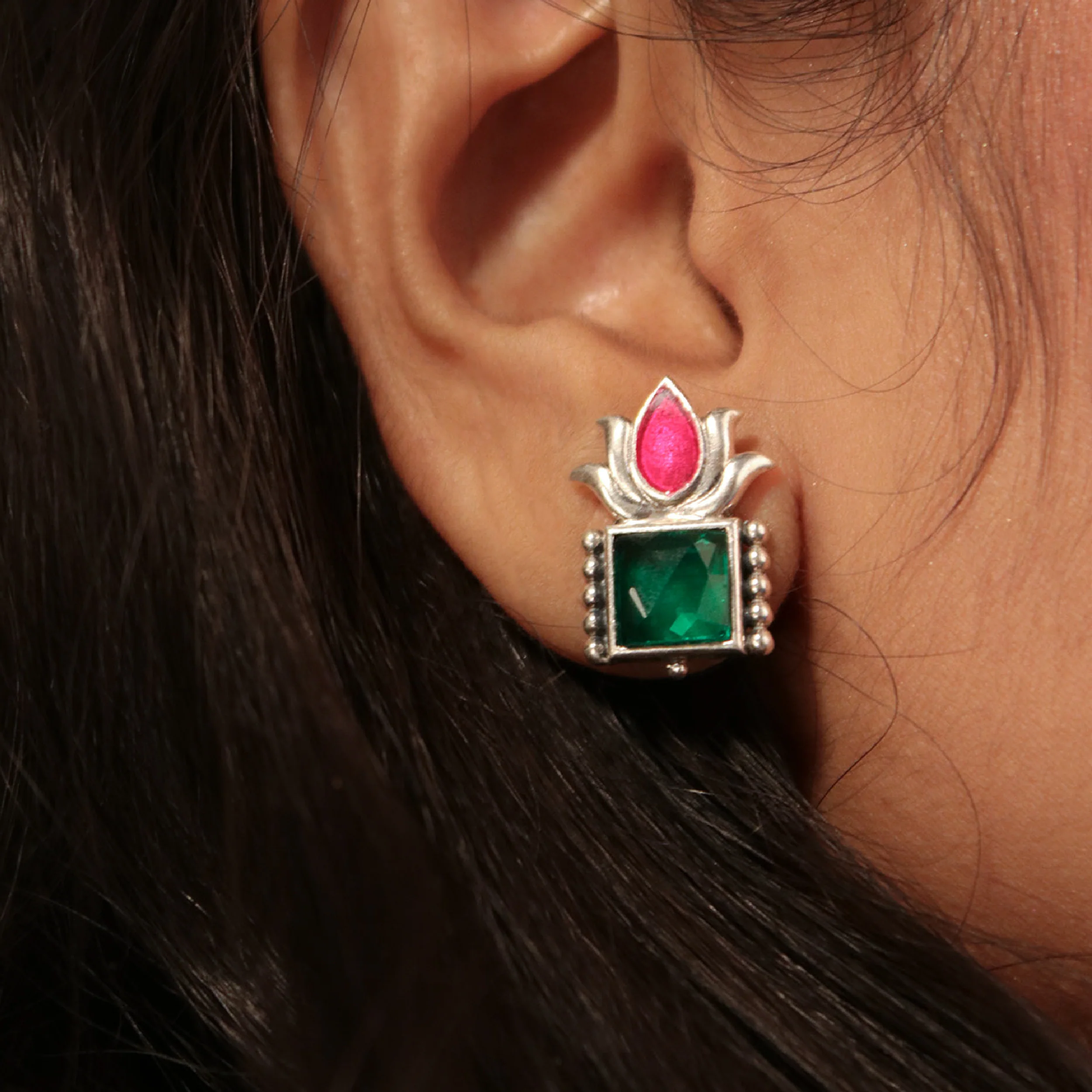 Padmini Silver Stud With Green Stone Earrings by MOHA - Image 2
