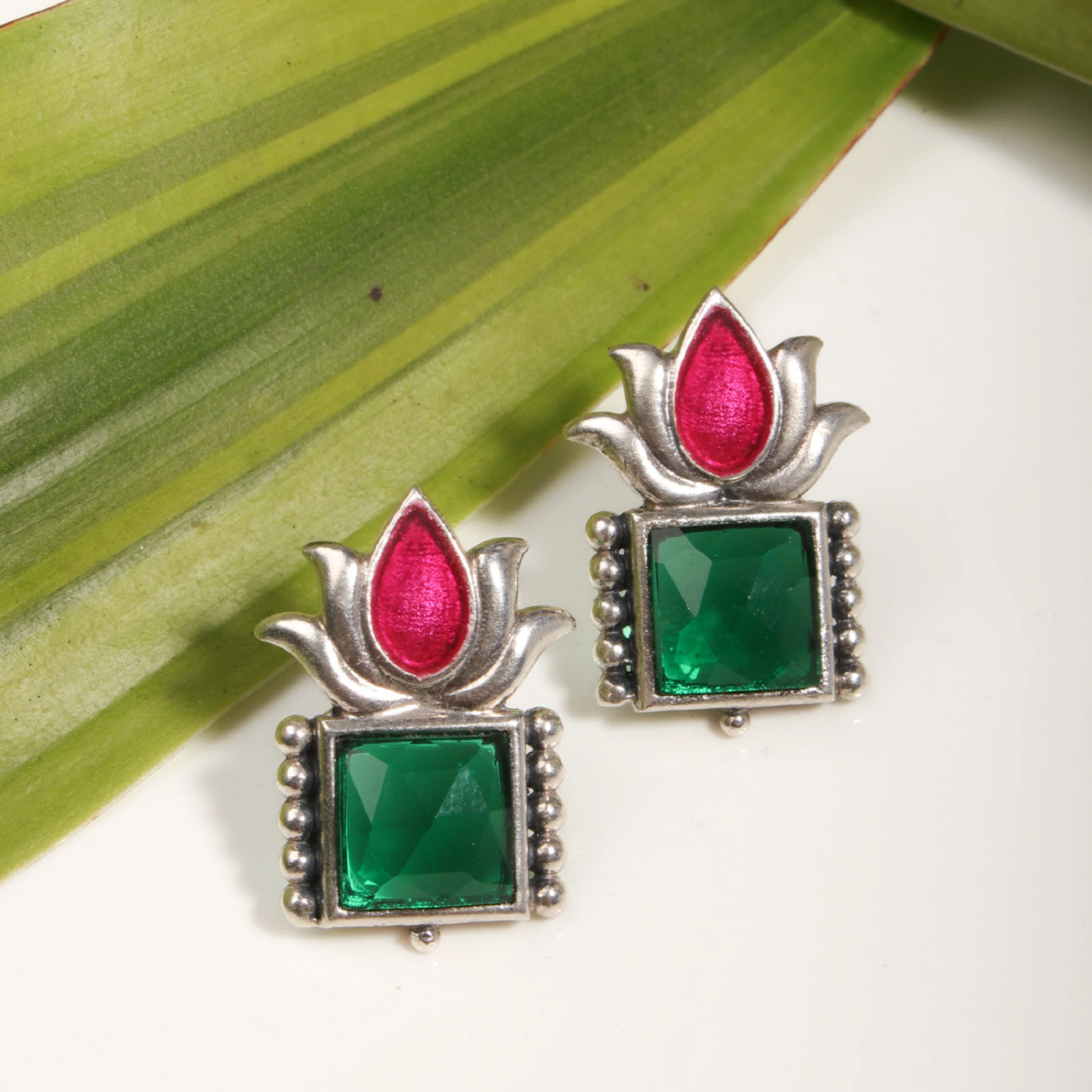 Padmini Silver Stud With Green Stone Earrings by MOHA - Image 5