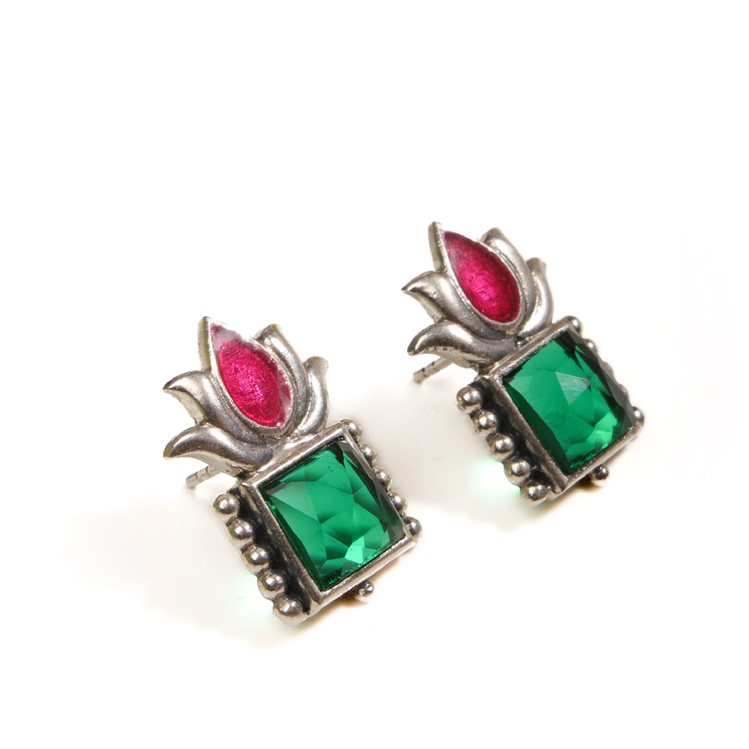 Padmini Silver Stud With Green Stone Earrings by MOHA - Image 6