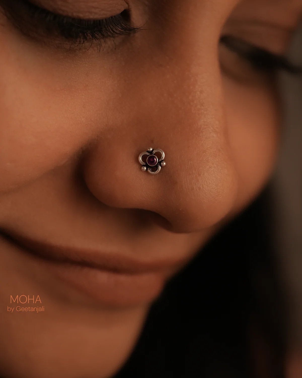 Pushp Silver Nosepin with Pink Stone by MOHA - Image 2