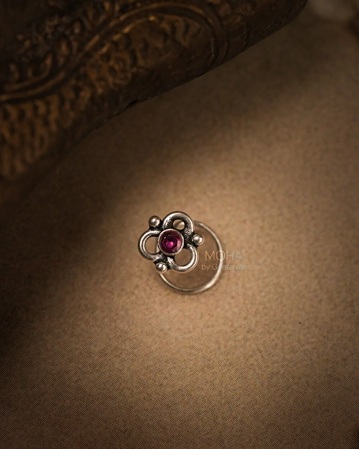 Pushp Silver Nosepin with Pink Stone by MOHA - Image 3