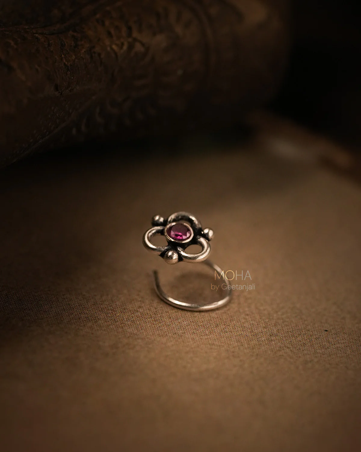 Pushp Silver Nosepin with Pink Stone by MOHA - Image 7