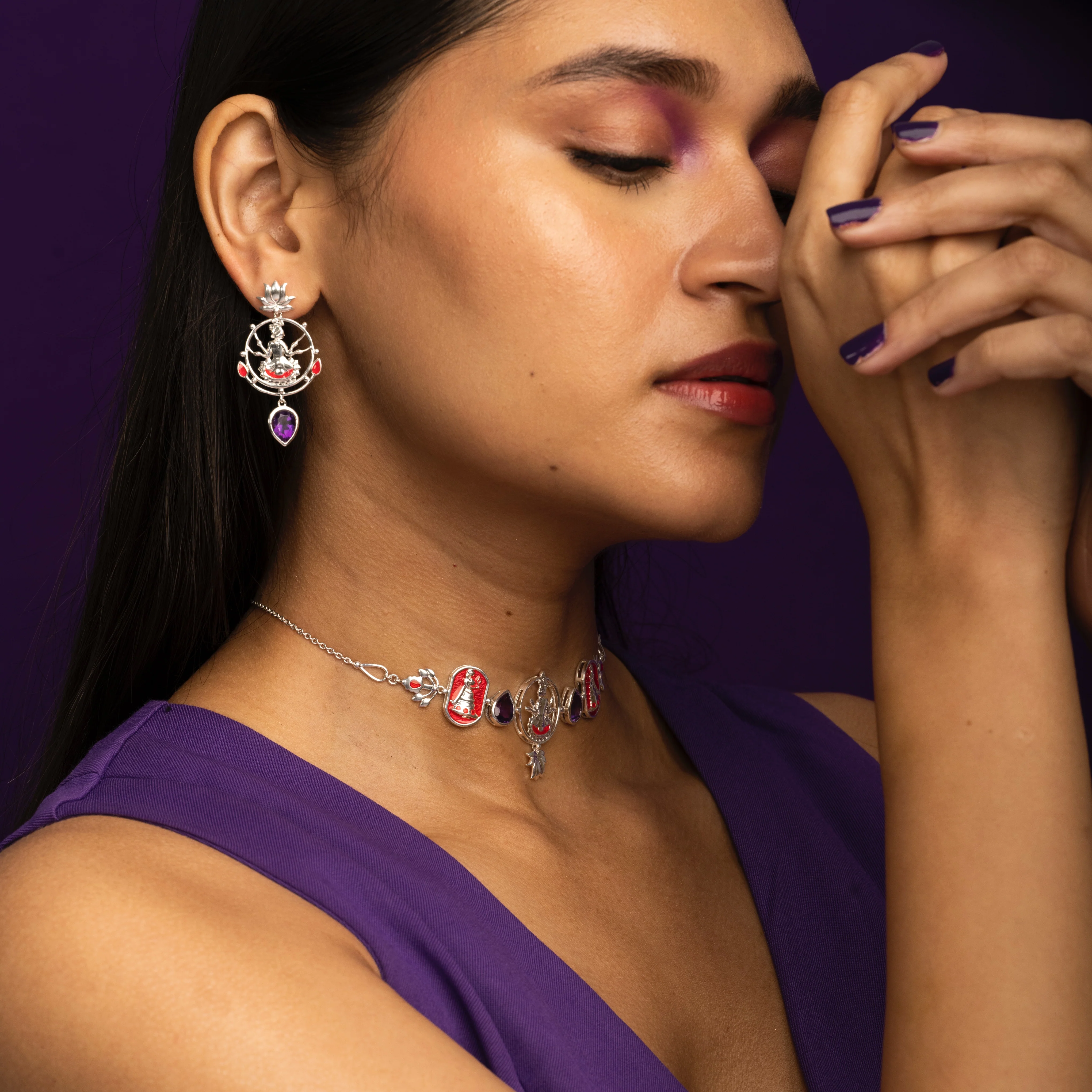 Radhe Shyam Amethyst Drop Silver Earrings By Moha - Image 7