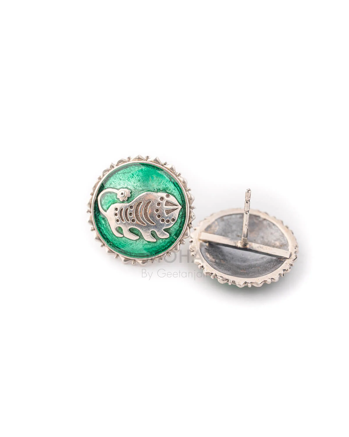 Shardul Silver Stud Earrings by MOHA (Green) - Image 3