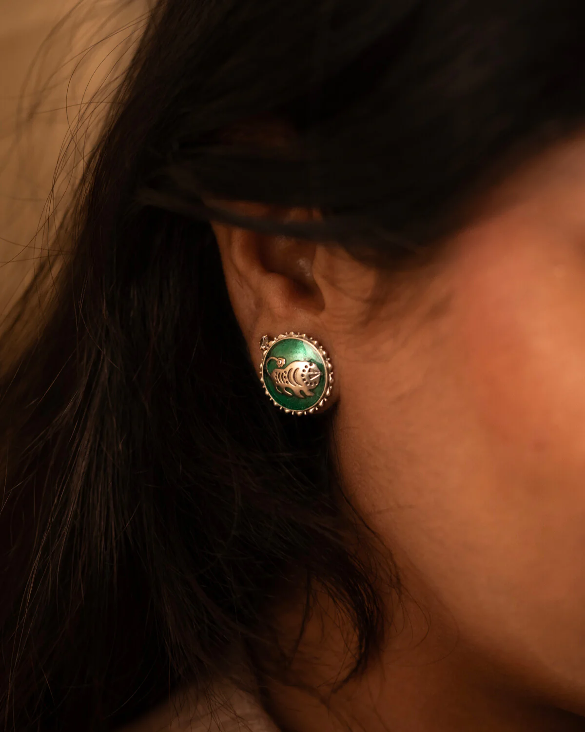 Shardul Silver Stud Earrings by MOHA (Green) - Image 4