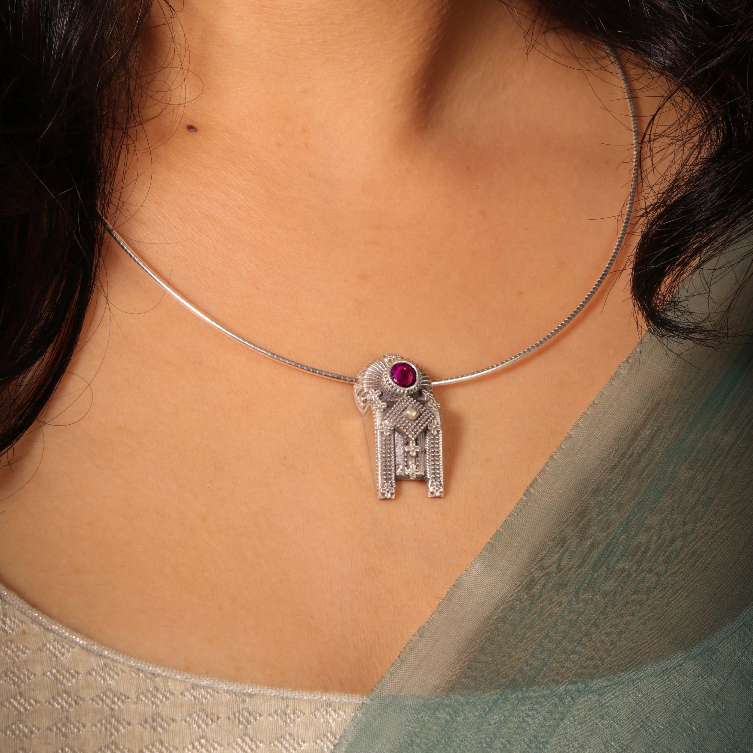 Thoppa Taali Silver Hasli with Rubellite Stone by MOHA - Image 6
