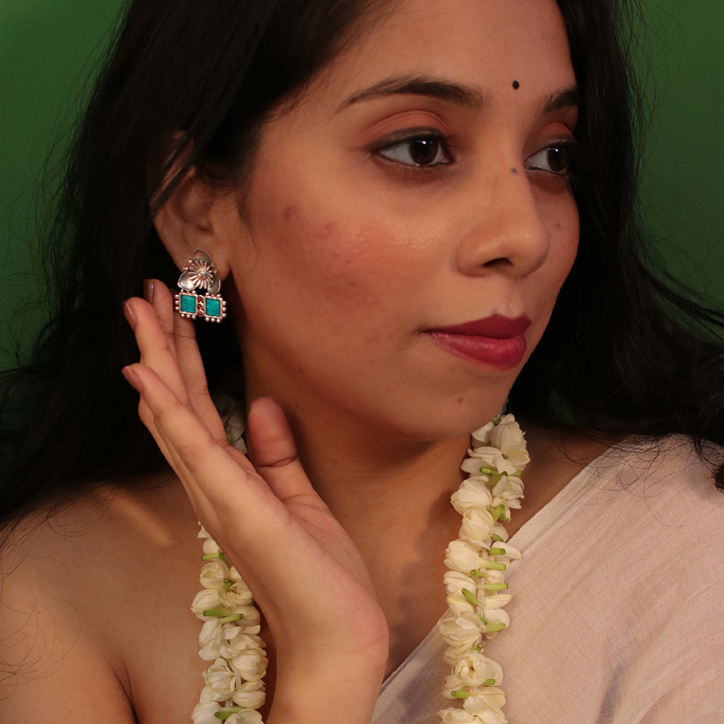 Triloki Firozi Silver Stud Earrings by MOHA - Image 5