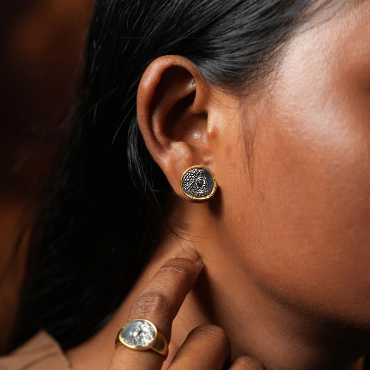 Zeus Silver Stud Earrings Dual Toned by MOHA - Image 2
